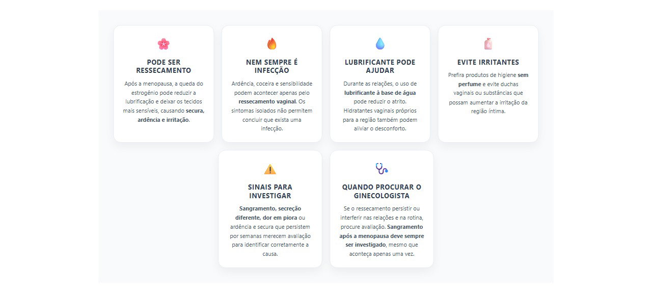 Secura e ardência vaginal após a menopausa: 6 sinais e cuidados que ajudam a diferenciar ressecamento de infecção