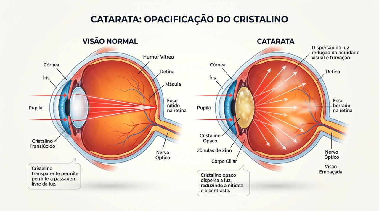 Na catarata, a opacidade do cristalino pode aumentar o ofuscamento e reduzir a nitidez da visão.