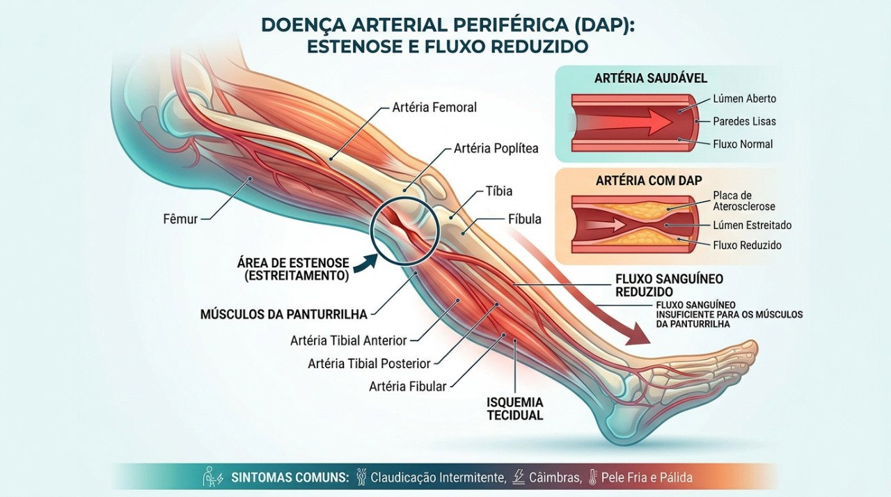 O estreitamento das artérias pode reduzir o fluxo de sangue para a panturrilha durante o esforço.