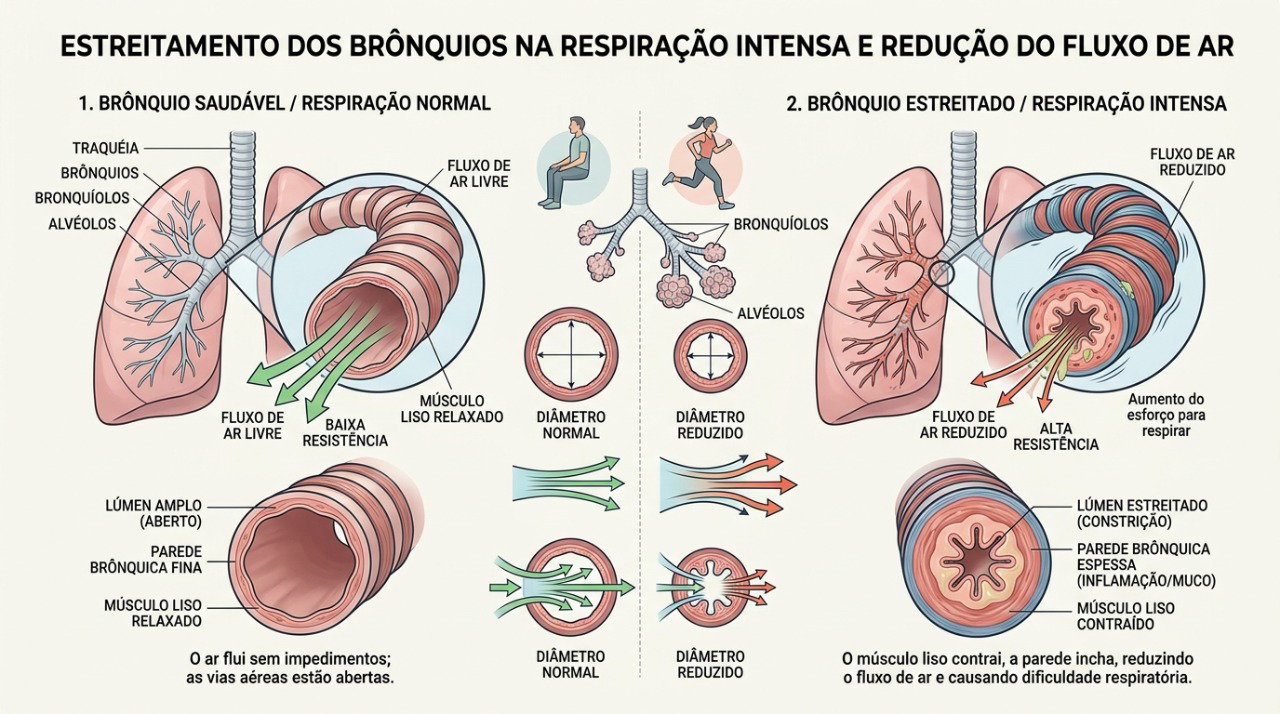 Na broncoconstrição, o estreitamento dos brônquios pode provocar chiado, tosse e falta de ar.