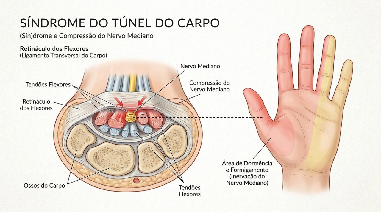 No túnel do carpo, a compressão do nervo mediano pode causar formigamento, dormência e dor na mão.