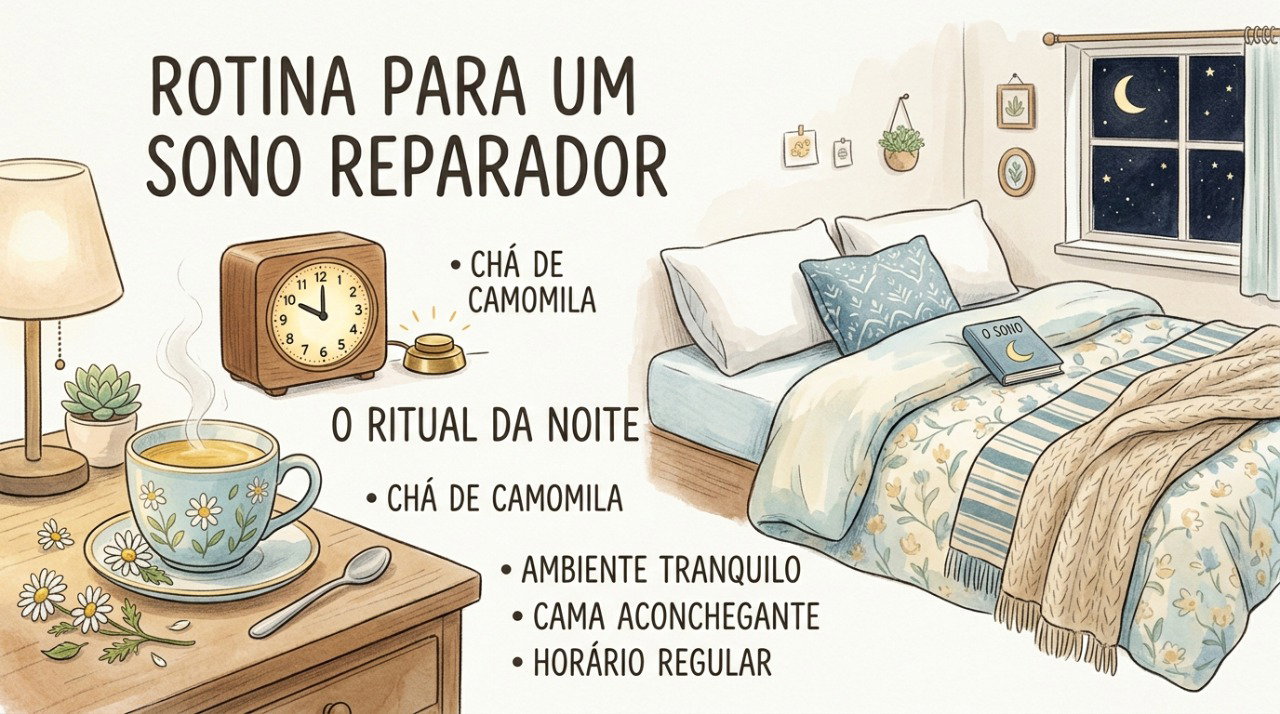 A camomila pode integrar um ritual relaxante, enquanto hábitos regulares de sono continuam sendo importantes.