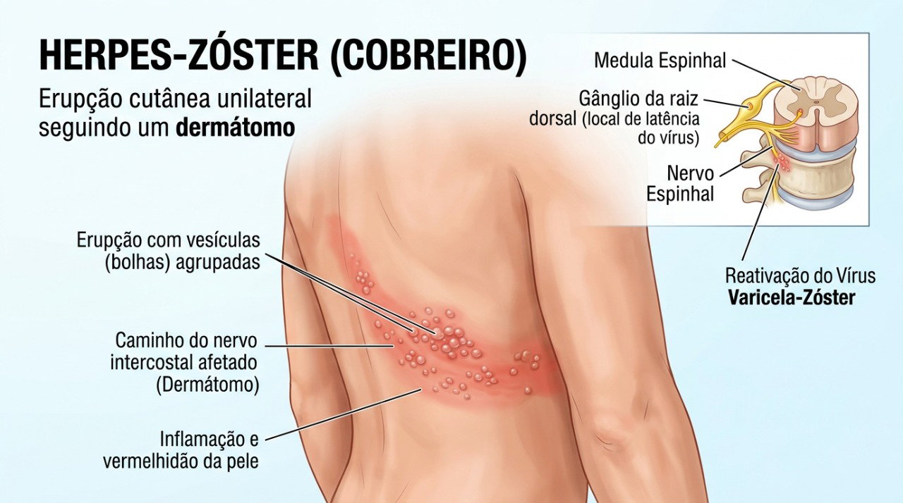 No cobreiro, dor e ardor podem aparecer antes das bolhas e acompanhar o trajeto de um nervo.