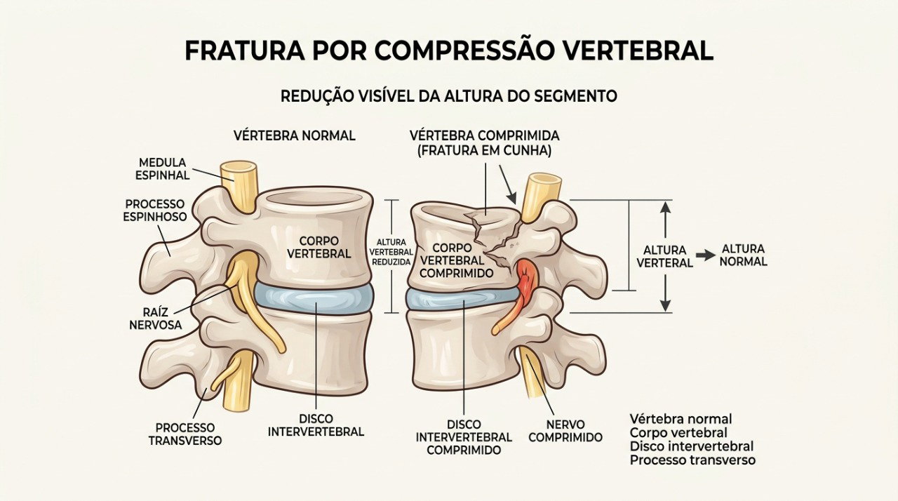 Fraturas por compressão das vértebras podem contribuir para perda de altura e postura encurvada.