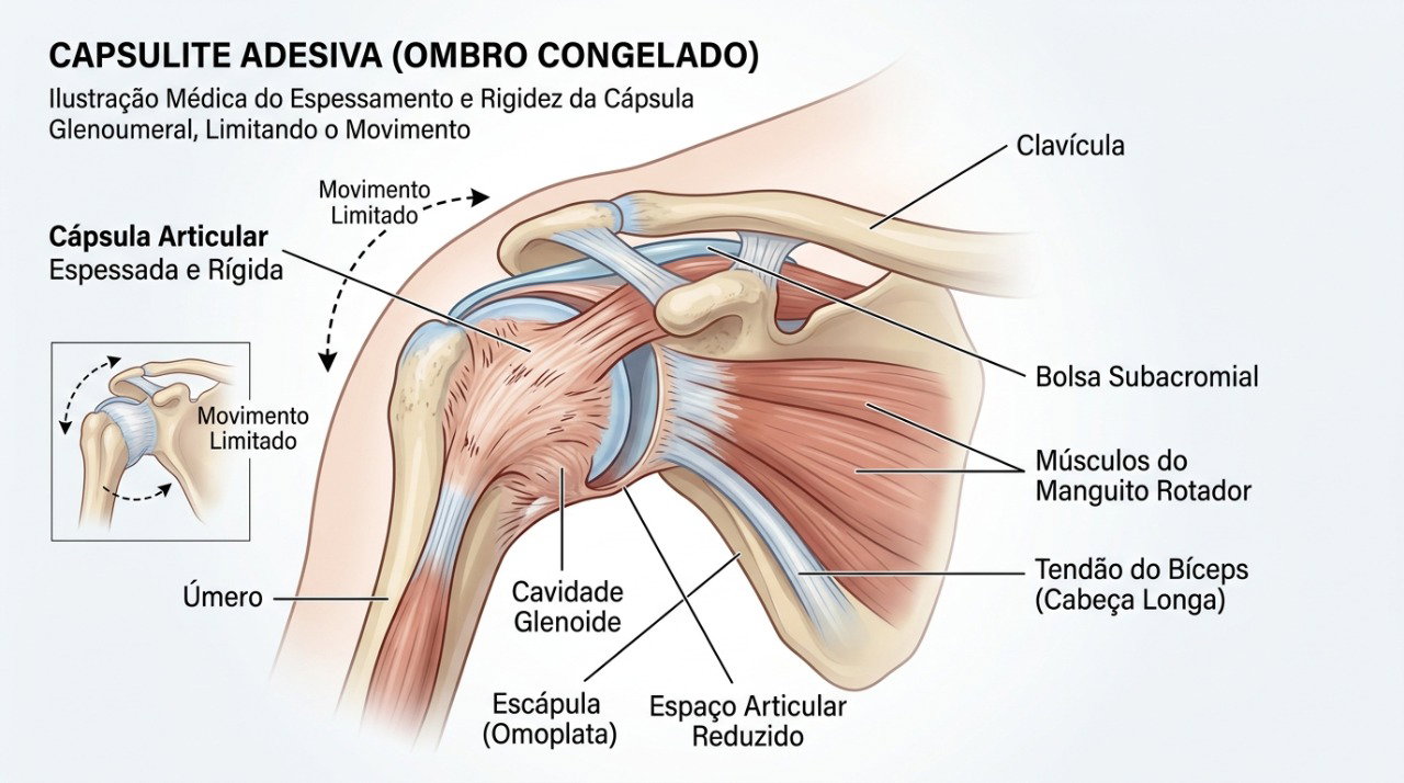 Na capsulite adesiva, a cápsula do ombro fica rígida e reduz progressivamente a amplitude dos movimentos.