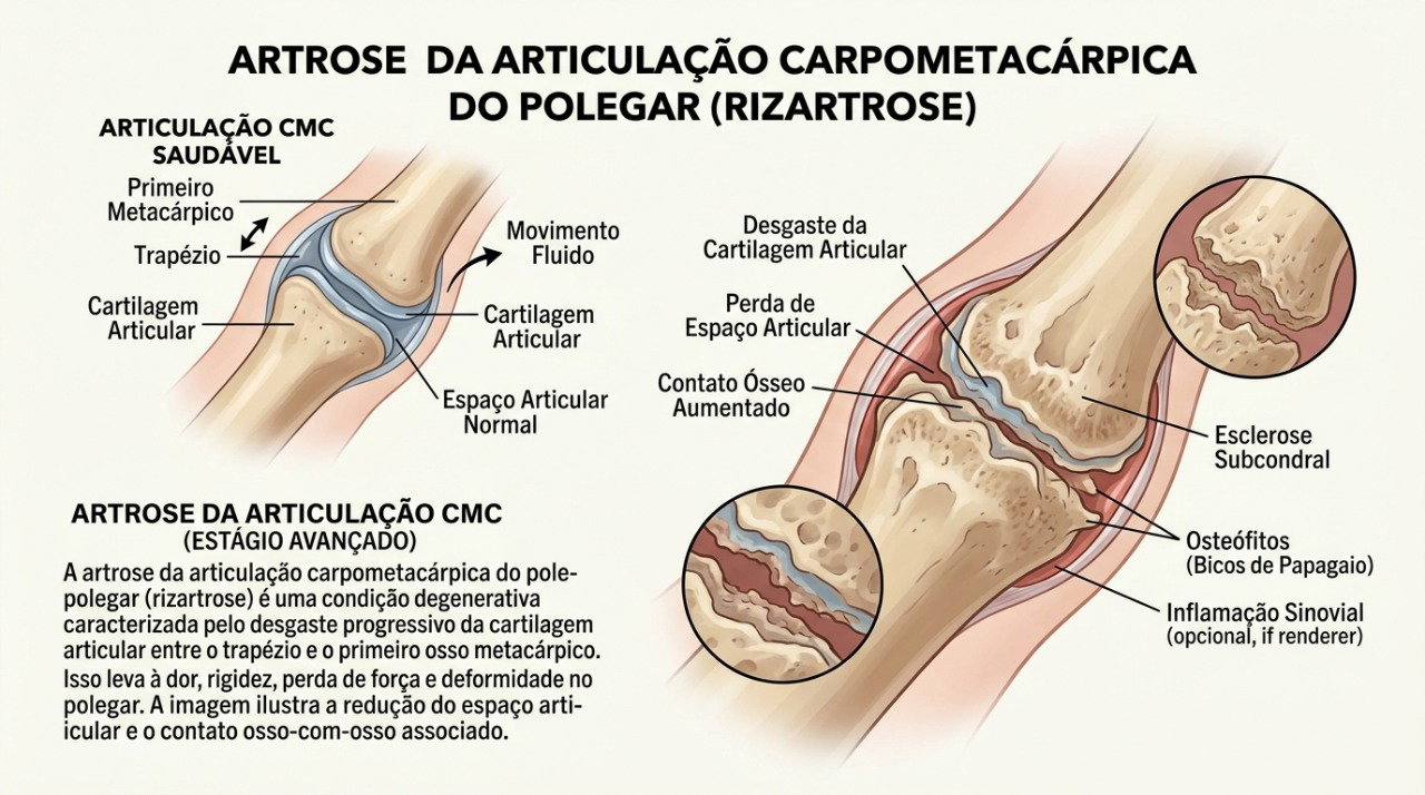 O desgaste da articulação na base do polegar pode causar dor, rigidez e perda de força.