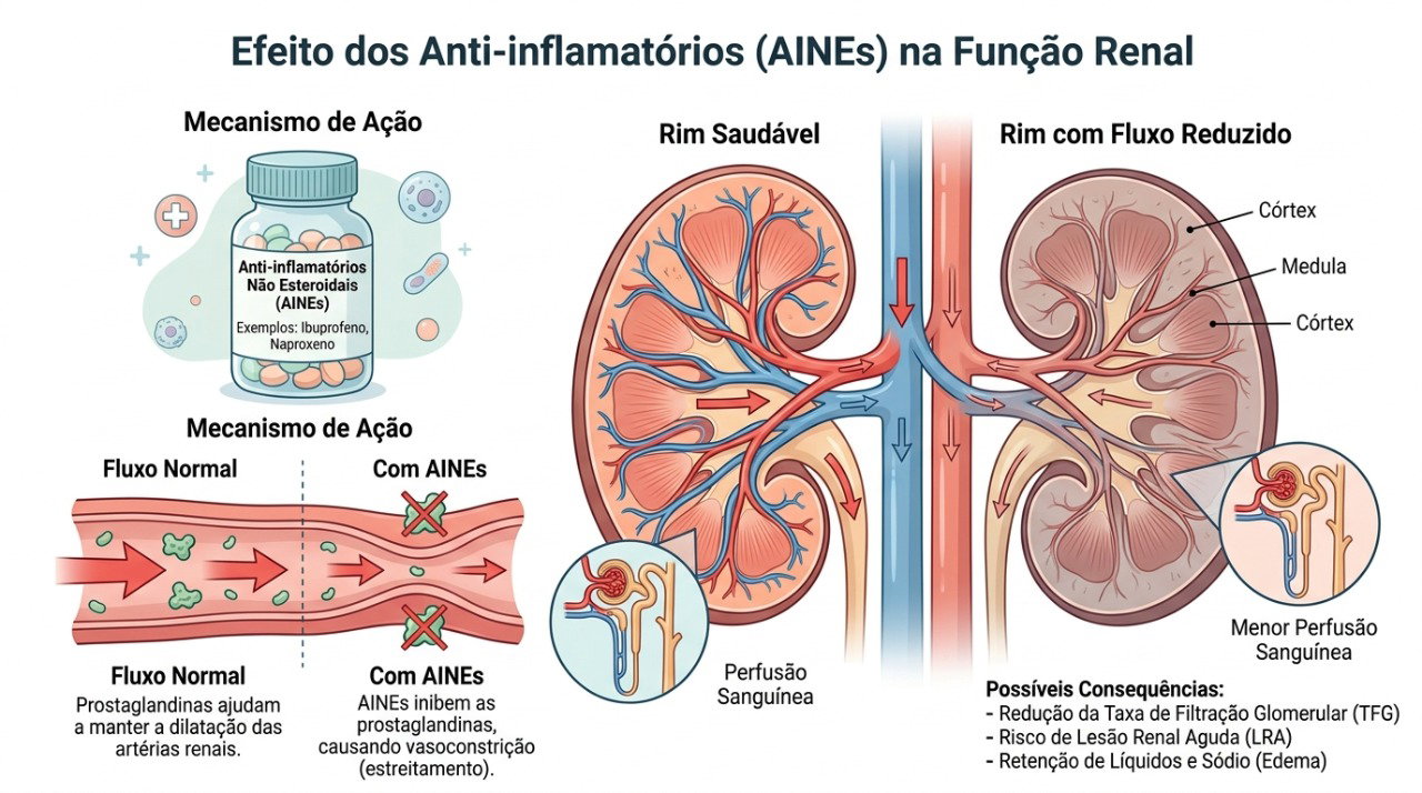 O ibuprofeno pode reduzir mecanismos que ajudam a manter o fluxo de sangue nos rins.