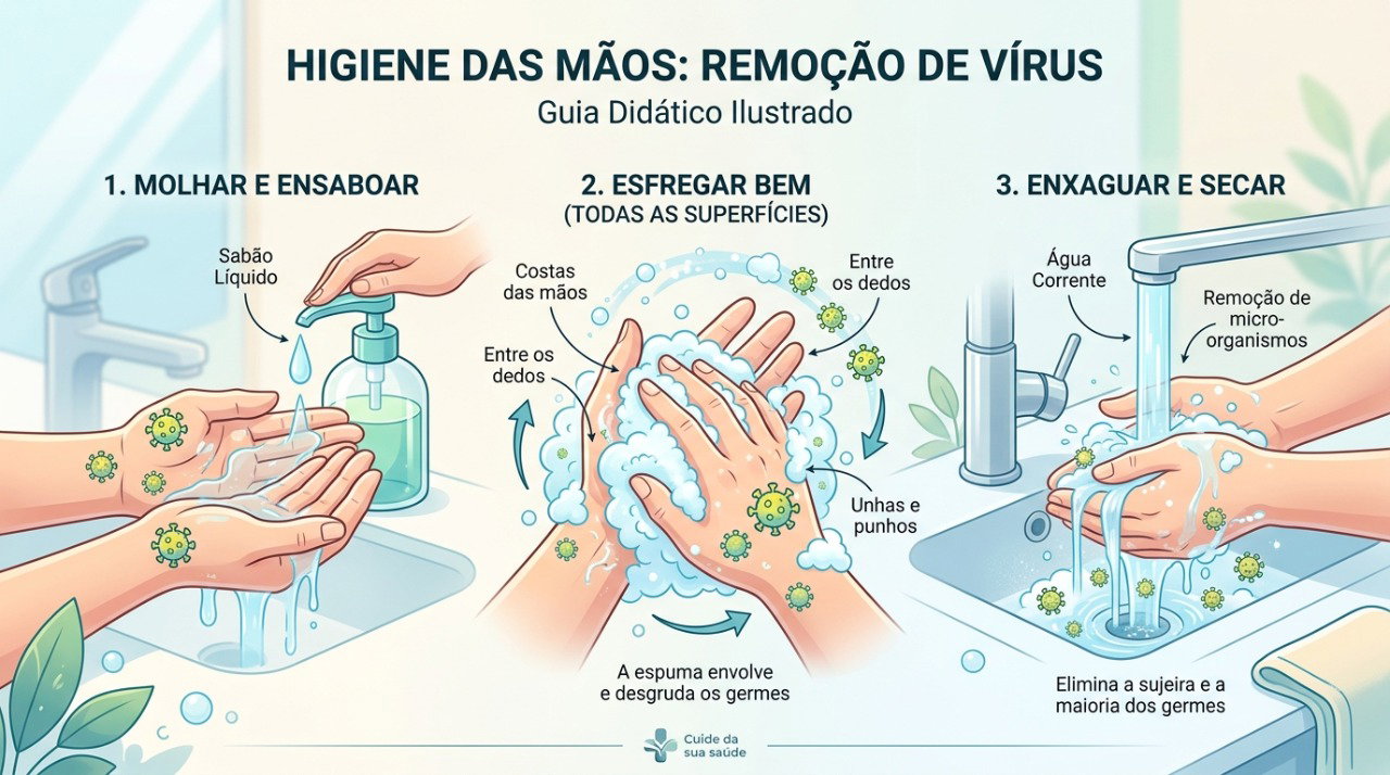 Lavar as mãos com água e sabão ajuda a reduzir a transmissão do norovírus entre pessoas da mesma casa.