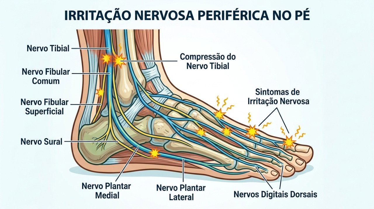 Alterações nos nervos periféricos podem causar queimação, choques, dormência e formigamento nos pés.