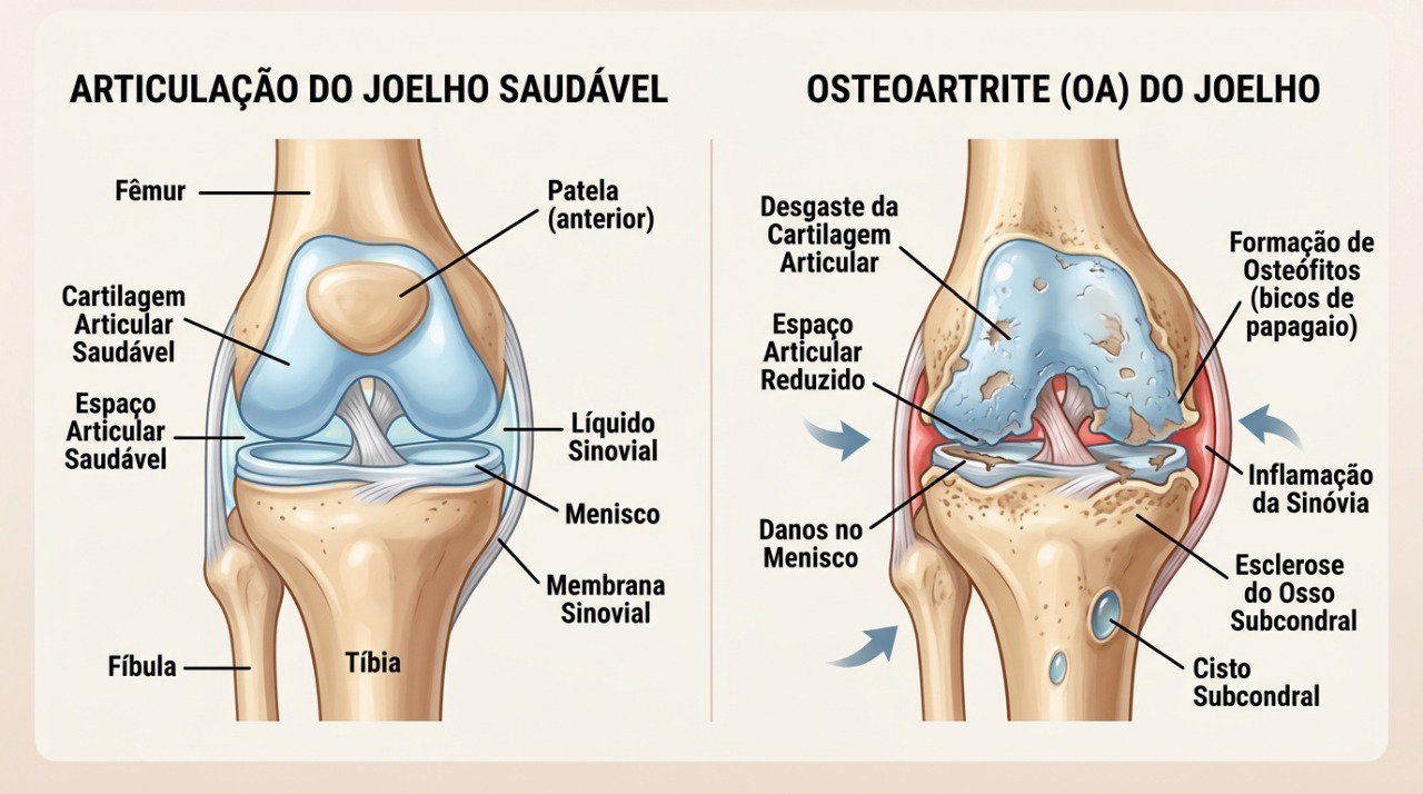 Na osteoartrite, alterações na articulação podem causar dor, rigidez e dificuldade em atividades como subir escadas.