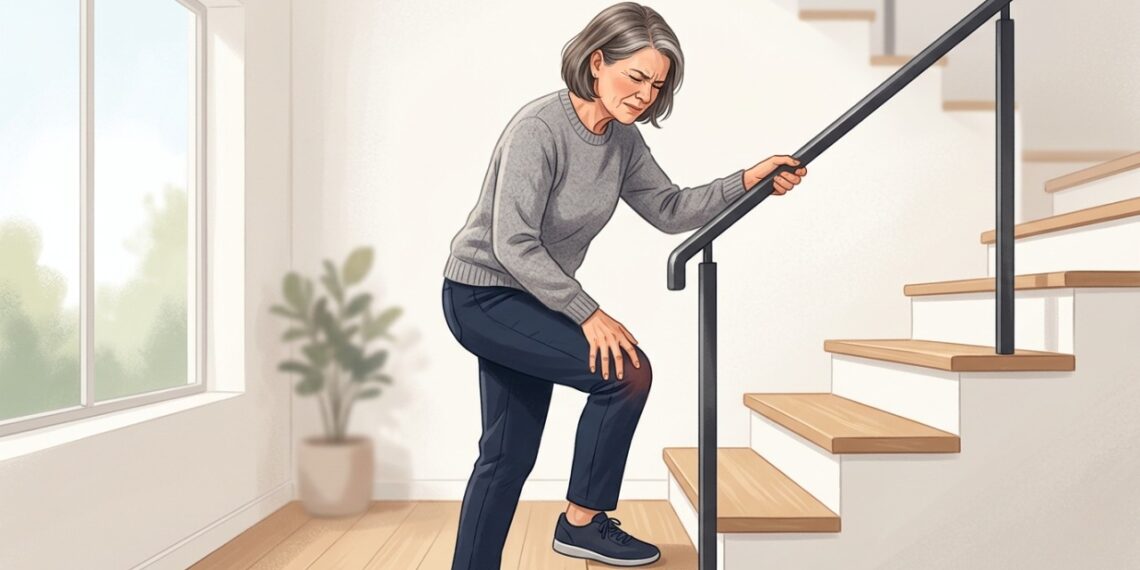 Dor no joelho ao subir escadas e rigidez após repouso podem estar relacionadas à osteoartrite.
