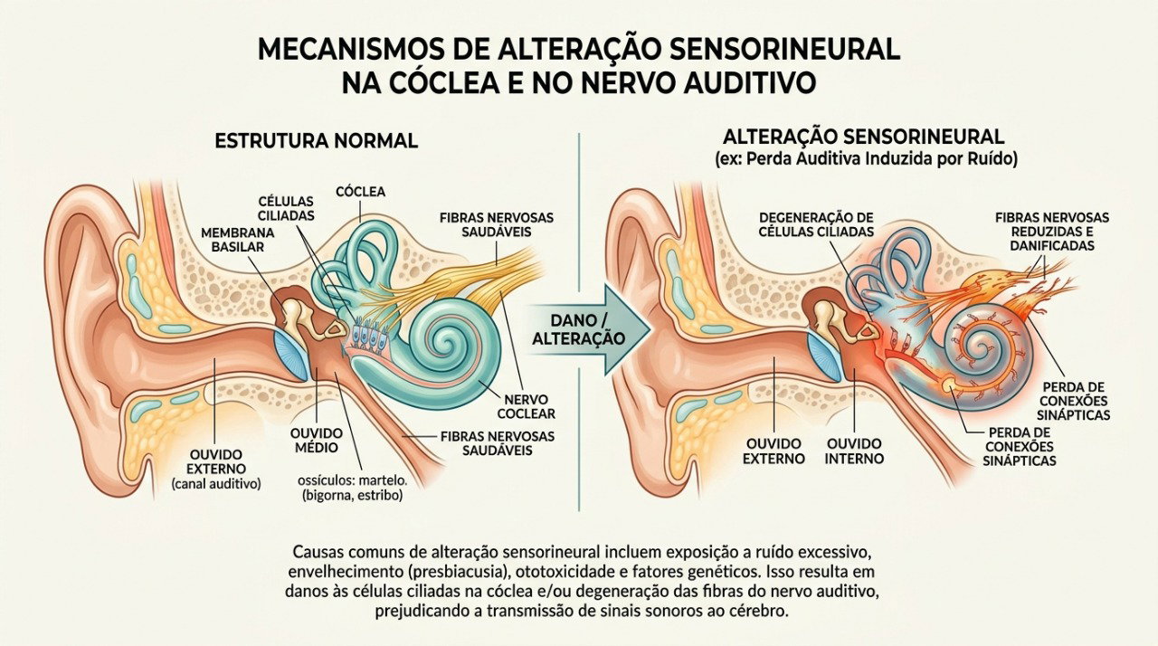 A perda auditiva neurossensorial súbita pode envolver estruturas do ouvido interno e exige investigação precoce.