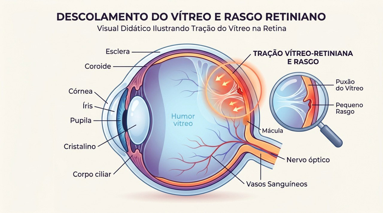 A tração do vítreo pode causar rasgos na retina e sintomas como moscas volantes e flashes.