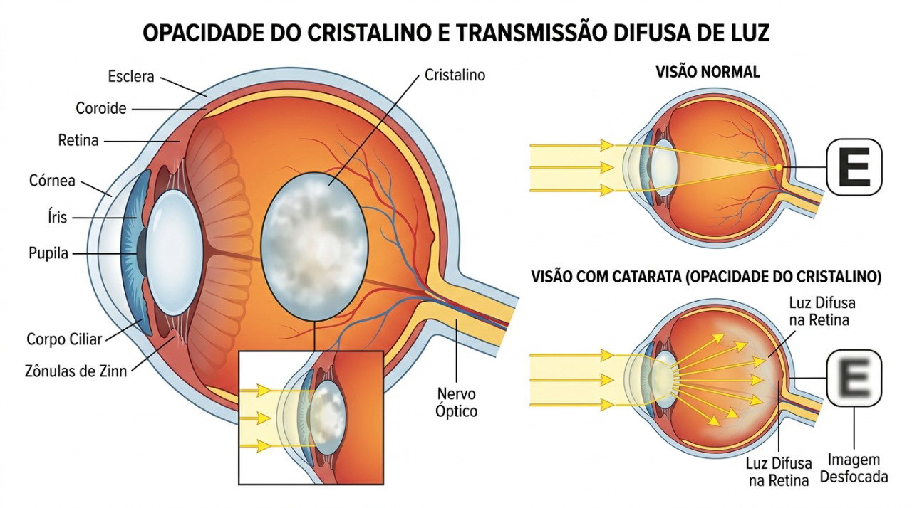 Na catarata, a opacidade do cristalino pode aumentar o ofuscamento e dificultar a visão noturna.