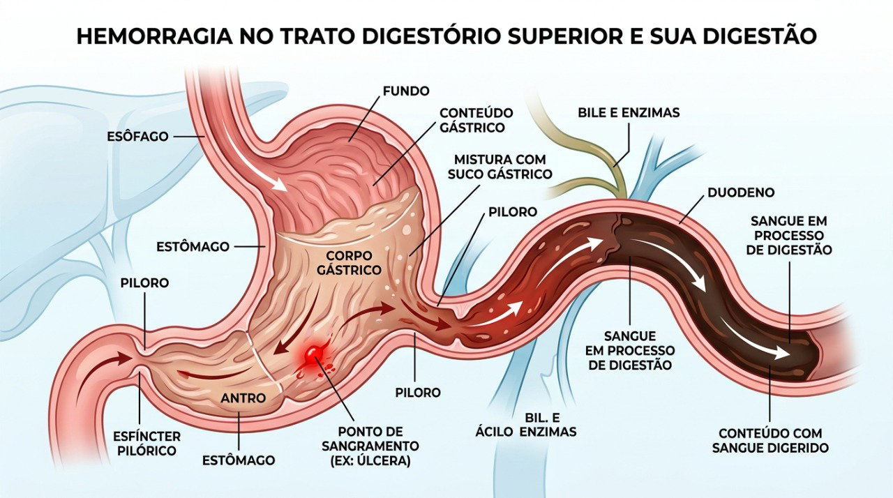 Sangramentos na parte alta do aparelho digestivo podem causar fezes pretas conhecidas como melena.