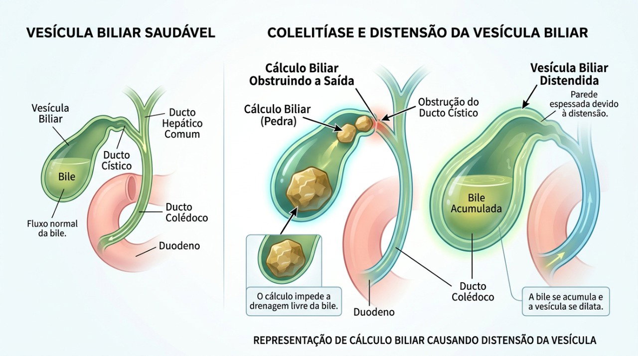Um cálculo pode bloquear a saída da bile e provocar dor intensa na parte superior direita do abdômen.