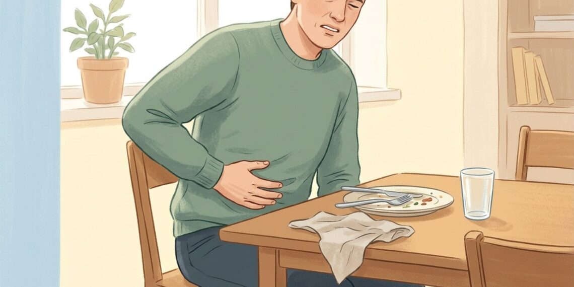 Dor forte do lado direito da barriga após refeições pesadas pode estar relacionada à vesícula.