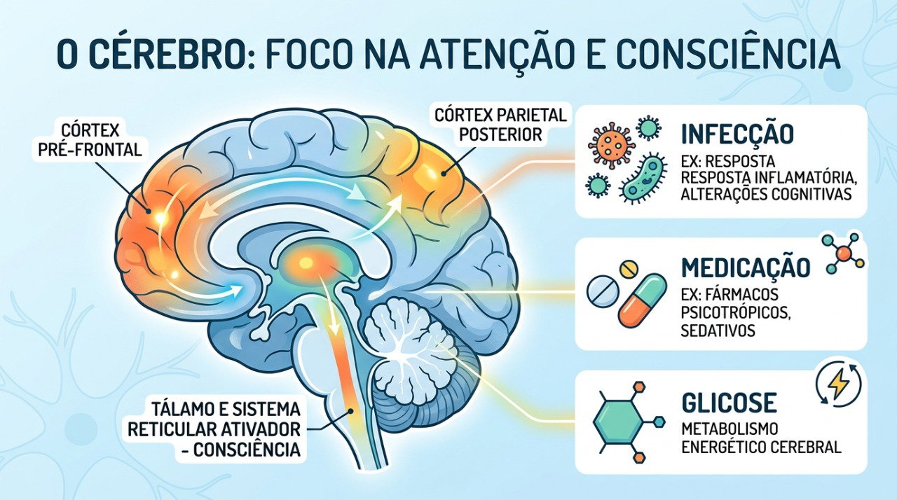 Delirium pode surgir por infecções, medicamentos, alterações metabólicas e outras condições agudas.