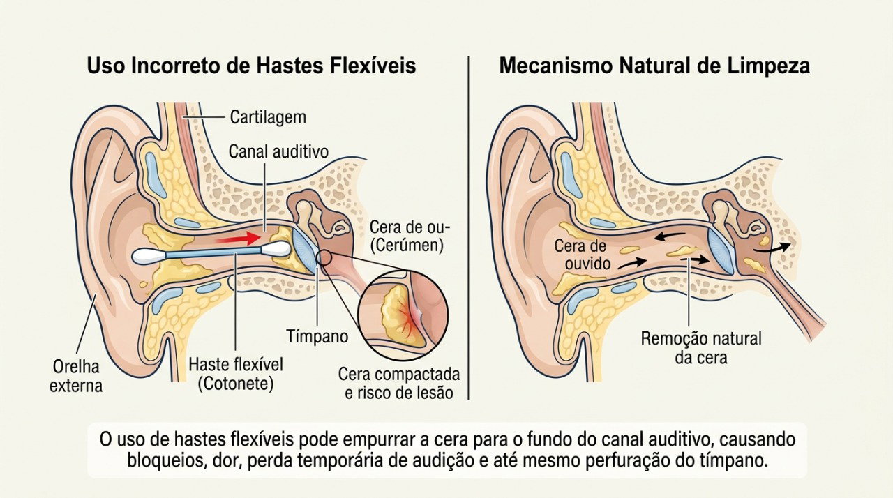 O cotonete pode compactar o cerúmen e favorecer a formação de um tampão no ouvido.