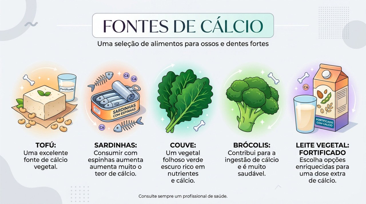 Tofu, vegetais, peixes com espinhas e bebidas fortificadas podem ajudar a aumentar a ingestão de cálcio.