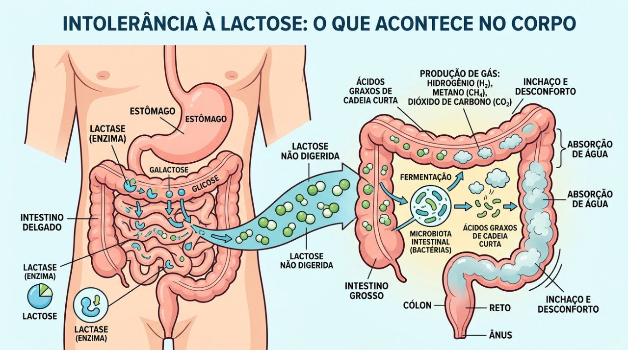 Na intolerância à lactose, parte desse açúcar chega sem digestão ao intestino grosso e pode causar gases e diarreia.