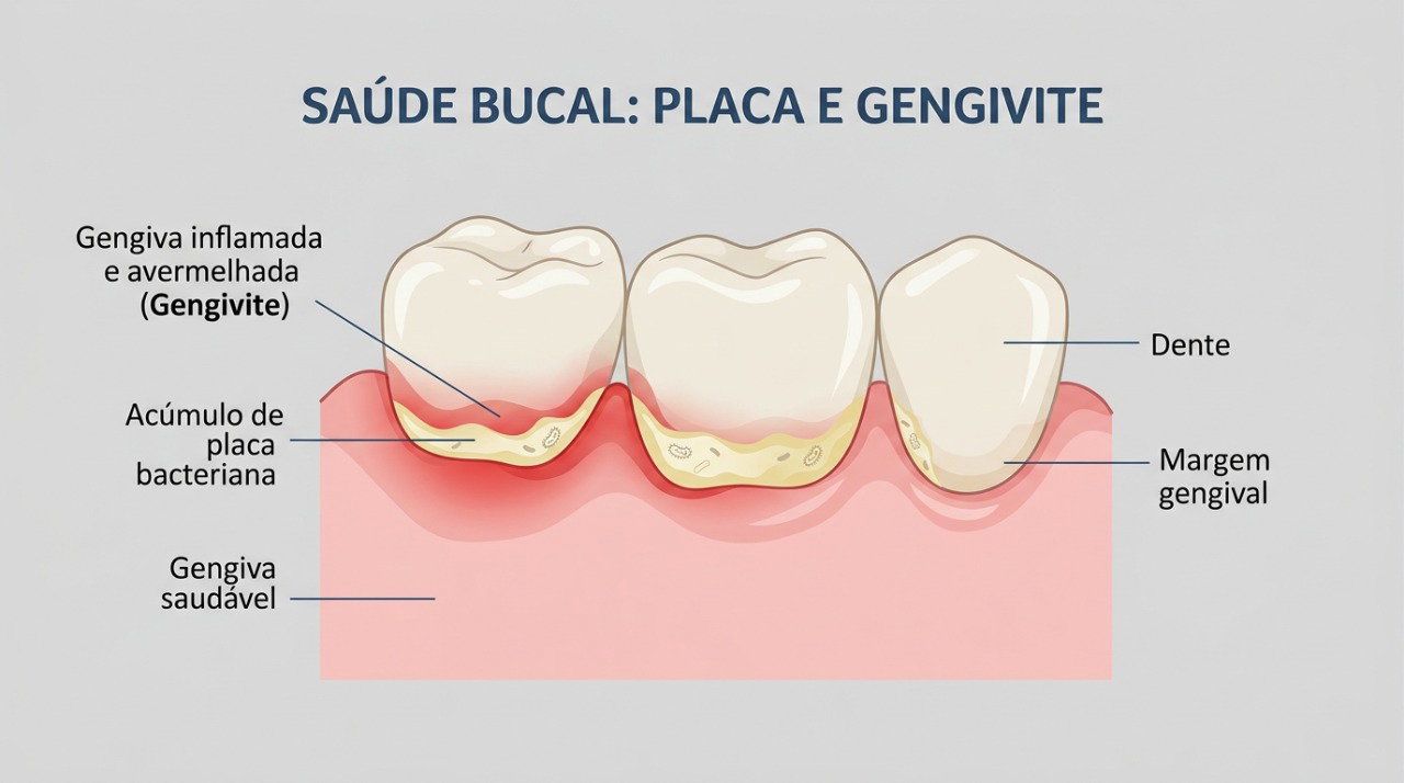 O acúmulo de placa bacteriana pode inflamar a gengiva e favorecer sangramento durante a escovação.