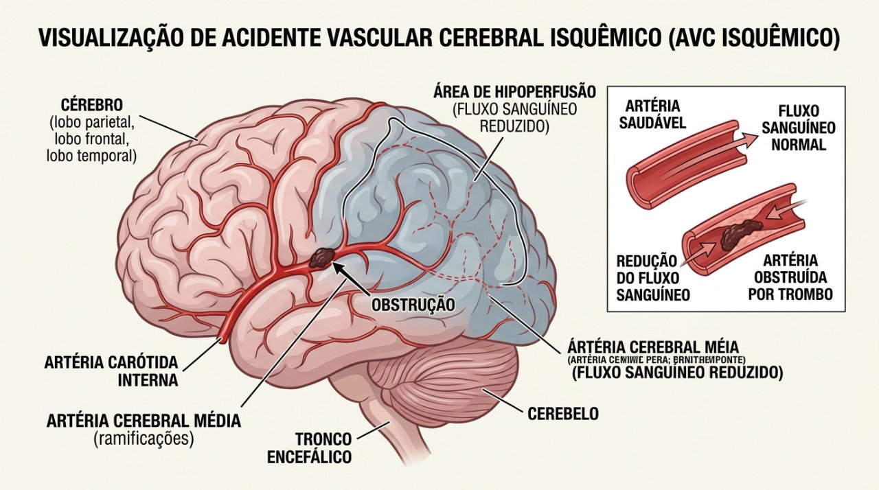 No AVC isquêmico, a interrupção do fluxo sanguíneo pode comprometer rapidamente uma região do cérebro.