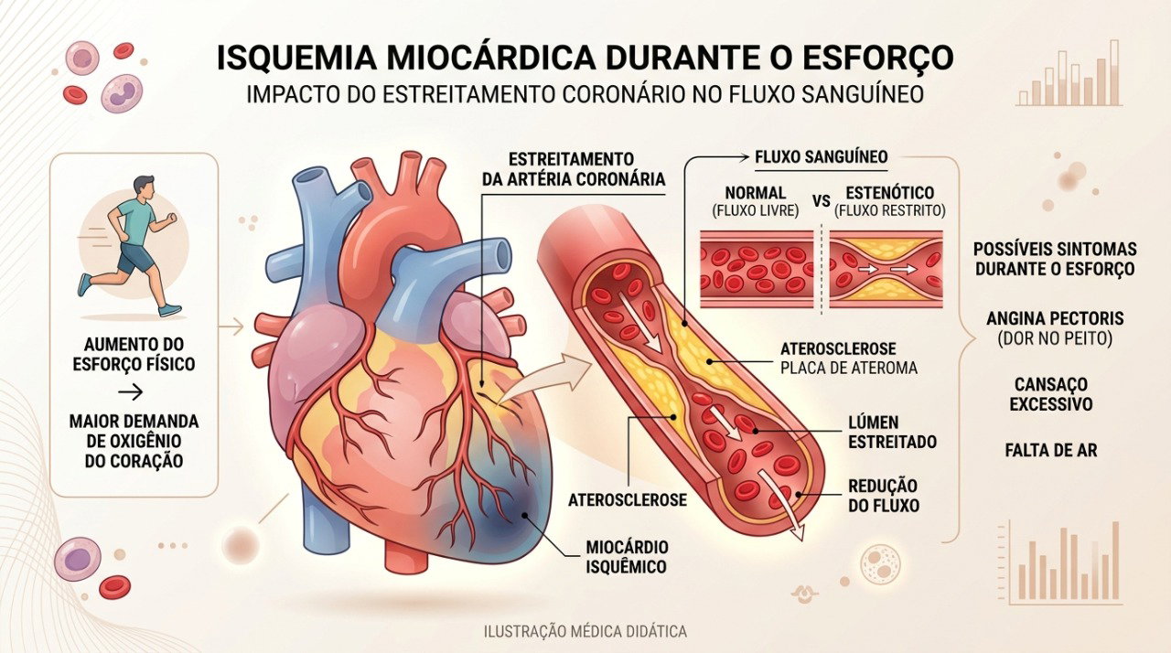 O estreitamento das artérias coronárias pode reduzir o fluxo de sangue ao coração durante o esforço.