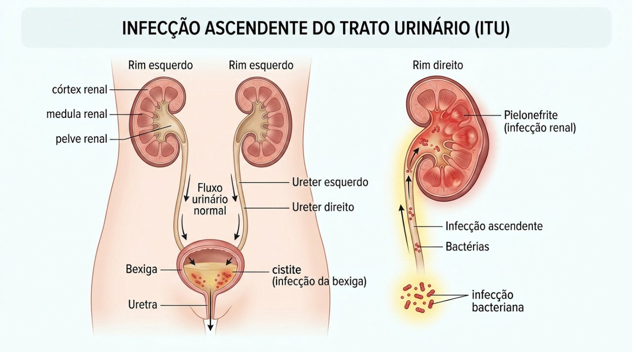 Uma infecção urinária pode subir pelo trato urinário e atingir os rins, causando pielonefrite.