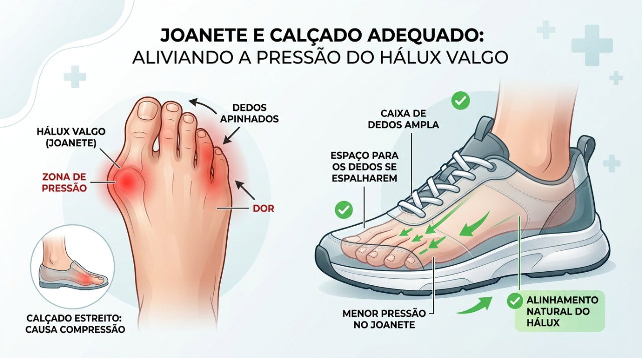 Sapatos com frente larga ajudam a reduzir a pressão sobre o joanete.