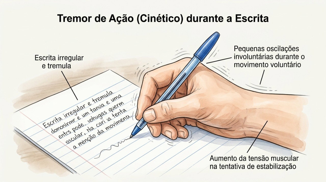 O tremor de ação pode ficar mais evidente ao escrever, segurar objetos ou realizar movimentos precisos.