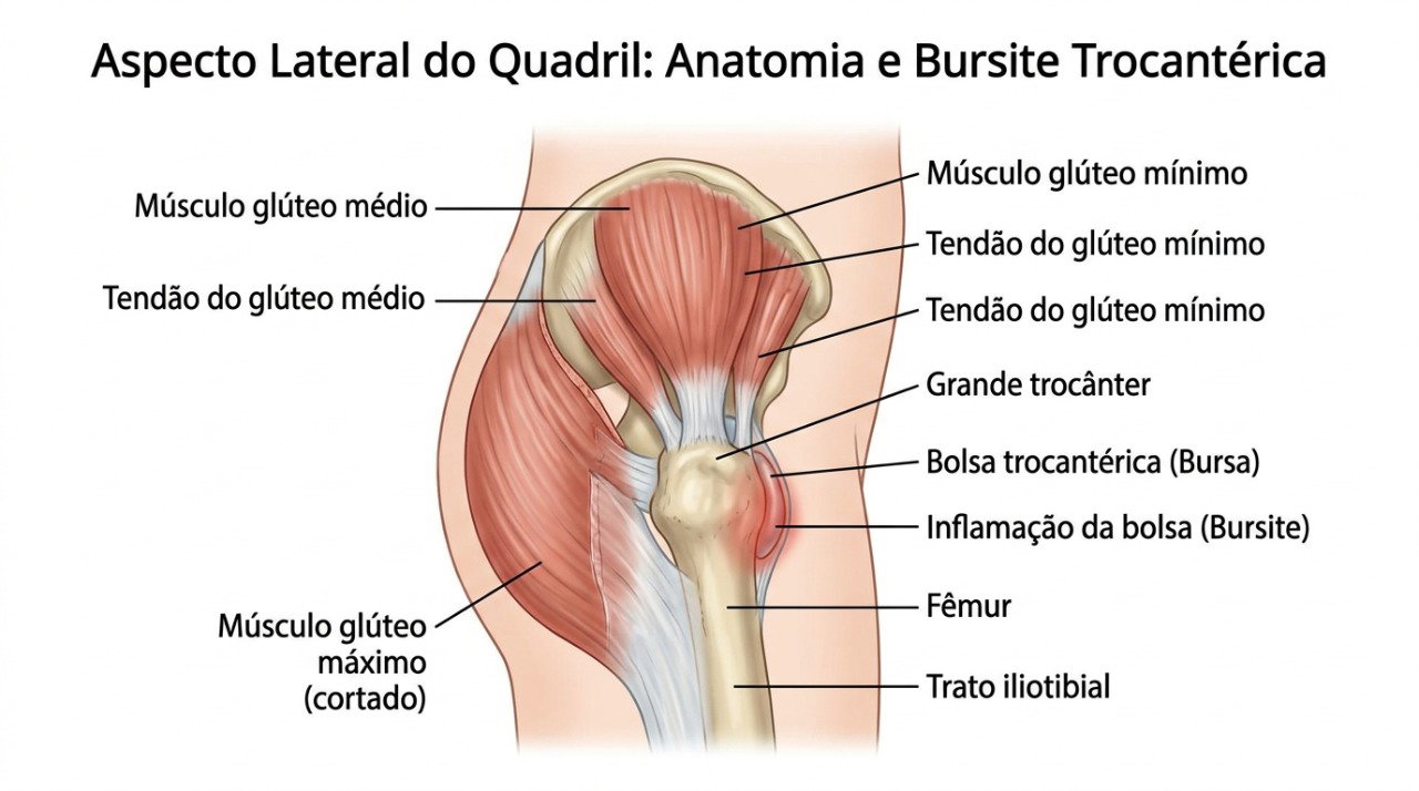 Bursas e tendões glúteos podem estar envolvidos na dor localizada na parte externa do quadril.