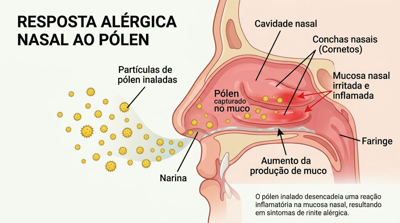 O contato com pólen e outros alérgenos pode desencadear inflamação e sintomas de rinite alérgica.