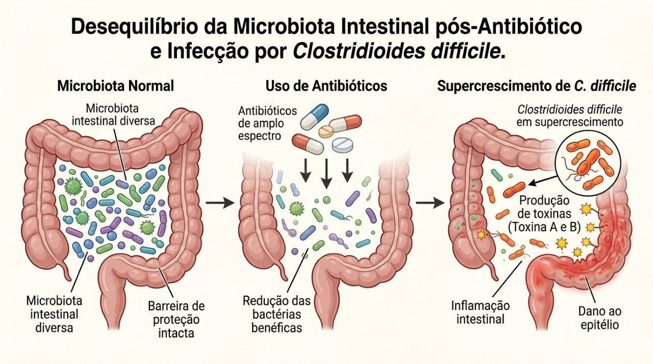 O uso de antibióticos pode alterar a microbiota intestinal e favorecer a proliferação de C. difficile.