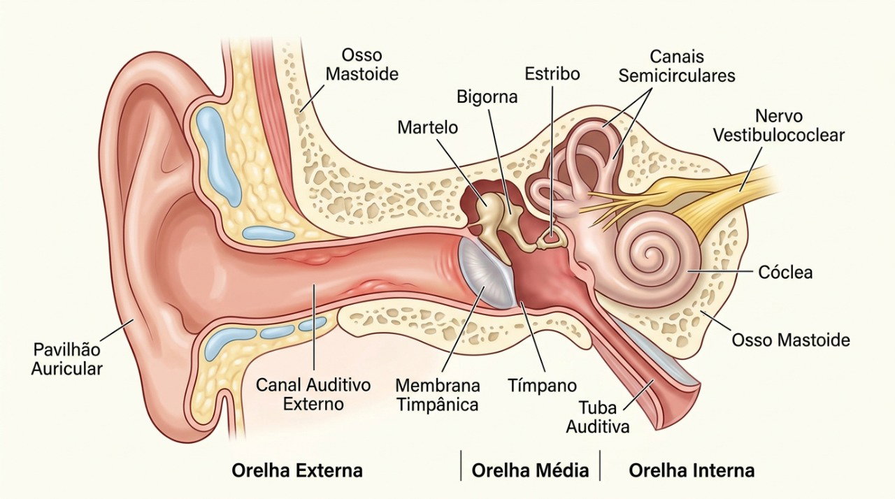 Infecções podem afetar o canal auditivo externo ou o ouvido médio e causar dor, secreção e perda de audição.