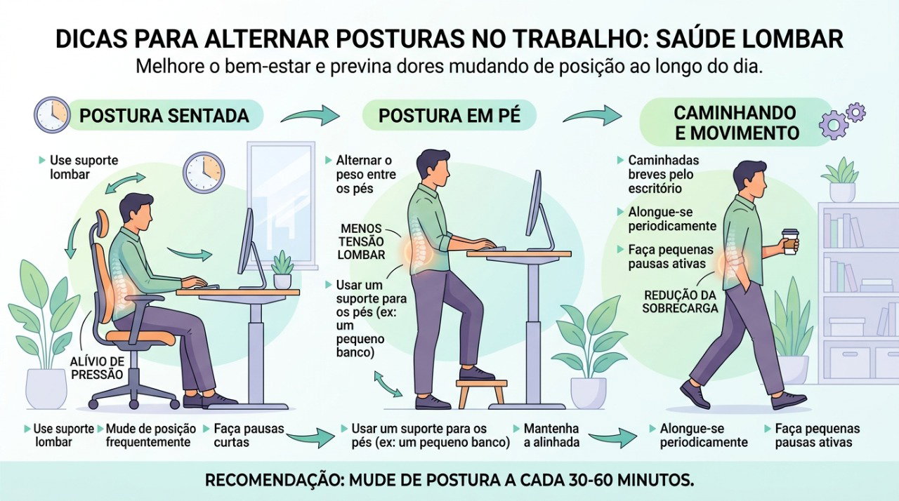 Levantar-se e variar a postura ao longo do dia pode ajudar a reduzir rigidez e desconforto lombar.
