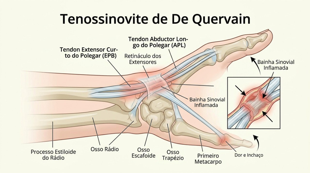 Na tenossinovite de De Quervain, os tendões próximos ao polegar podem doer durante movimentos de preensão e torção.