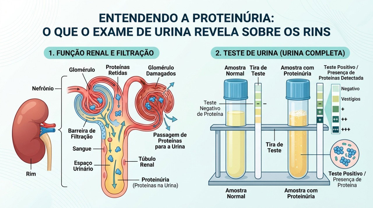 Exames de urina e sangue ajudam a investigar perda de proteínas e alterações na função dos rins.