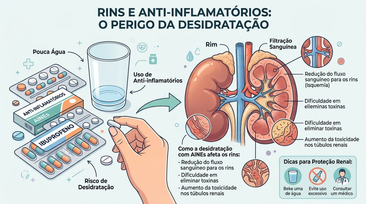 Desidratação e uso de anti-inflamatórios podem aumentar o risco de sobrecarga e lesão renal.