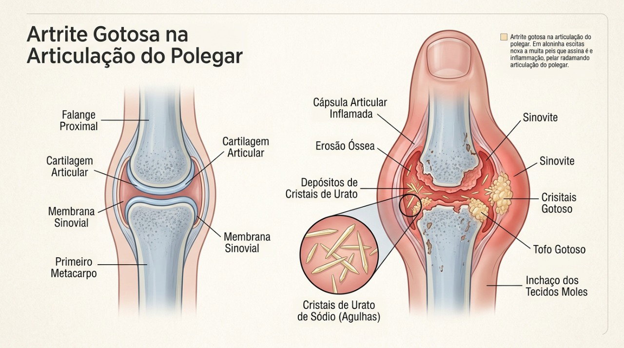 Na gota, cristais de urato podem se acumular na articulação e provocar dor e inflamação intensas.