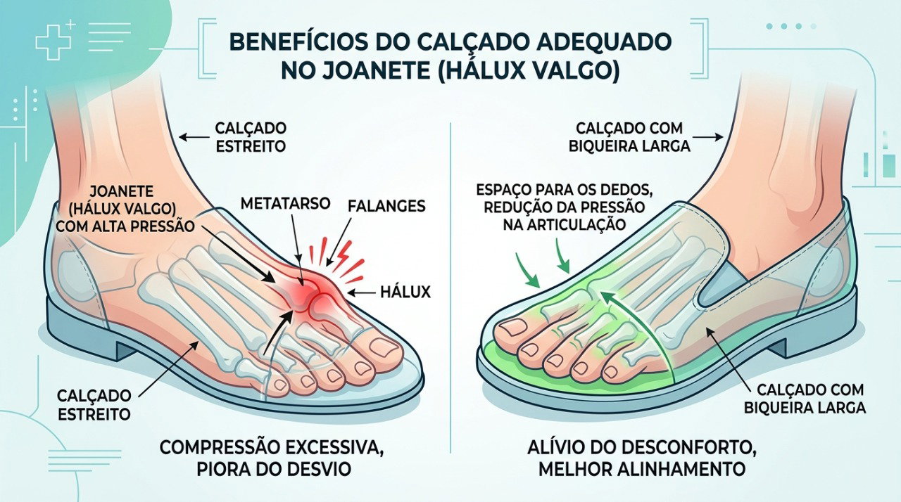 Calçados mais largos podem reduzir a pressão sobre o joanete e aliviar o desconforto.