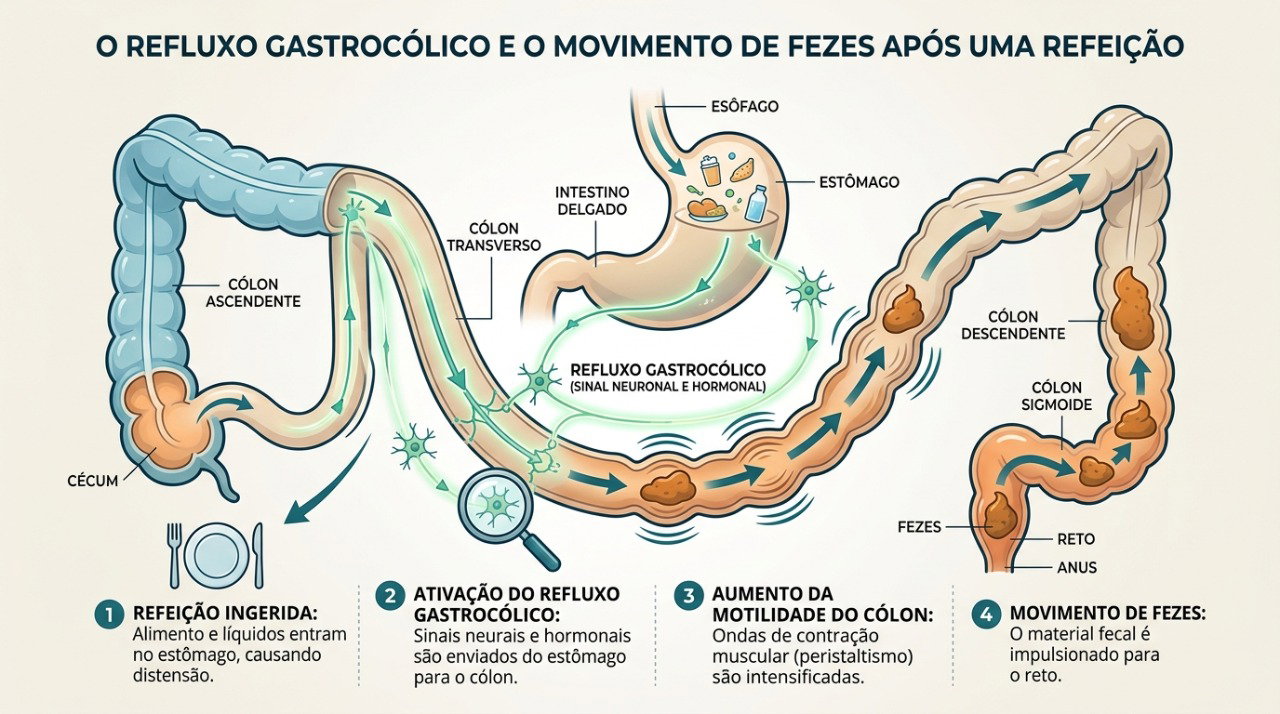 O reflexo gastrocólico aumenta os movimentos do intestino após as refeições e pode favorecer a evacuação.
