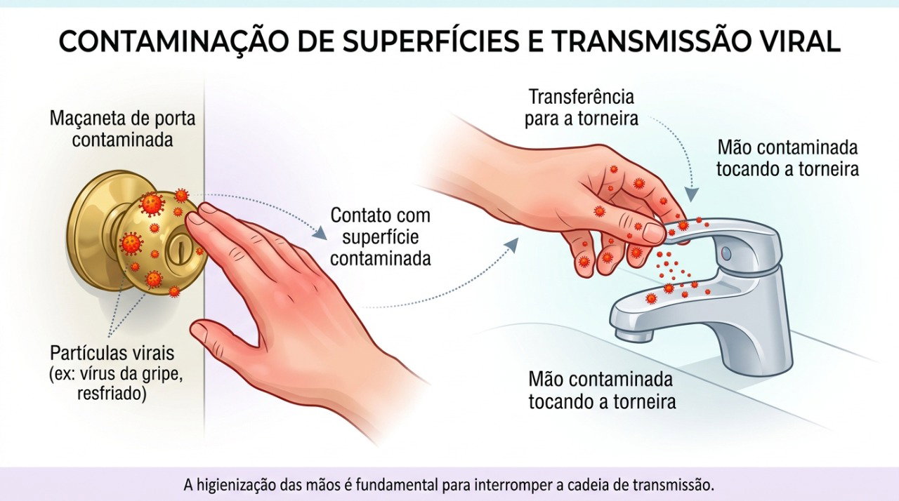 Mãos contaminadas podem transferir norovírus para superfícies tocadas com frequência dentro de casa.