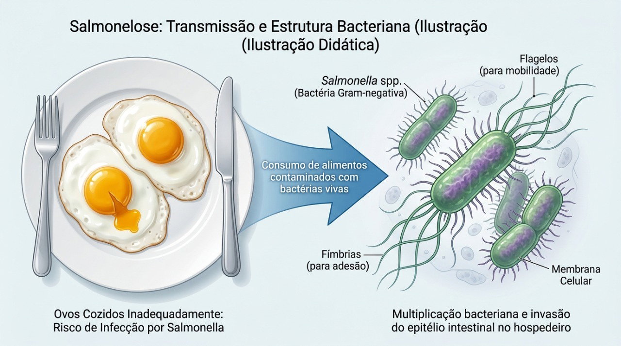 Ovos contaminados podem transmitir Salmonella e causar diarreia, febre e cólicas abdominais.