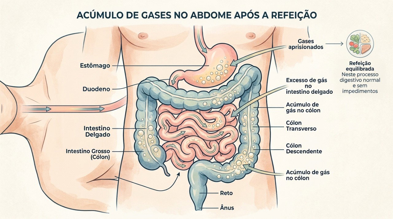 Gases e alterações na digestão podem contribuir para a sensação de estufamento depois de comer.