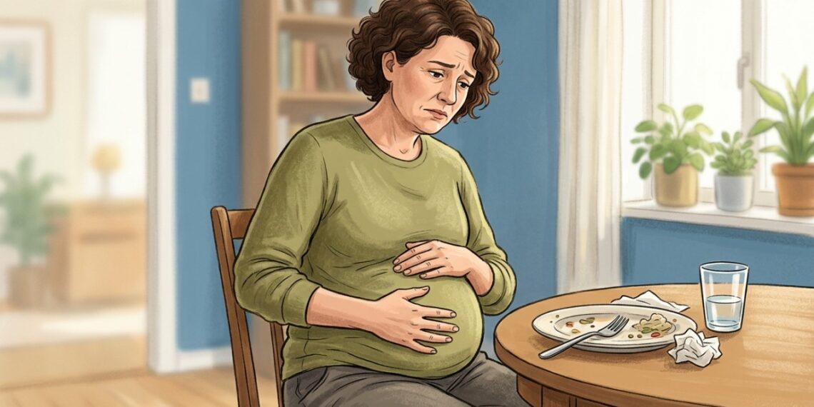 Barriga estufada após as refeições pode estar ligada a gases, volume de comida ou alterações digestivas.