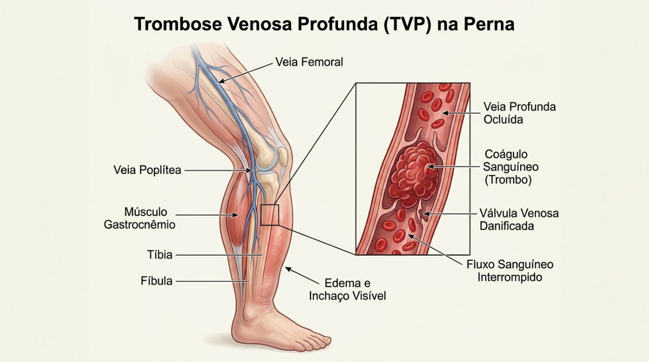 A trombose venosa profunda pode causar inchaço, dor, calor e alteração de cor em uma das pernas.