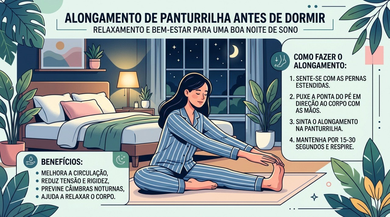 Alongar a panturrilha antes de dormir pode ajudar a reduzir a frequência e a intensidade das cãibras.