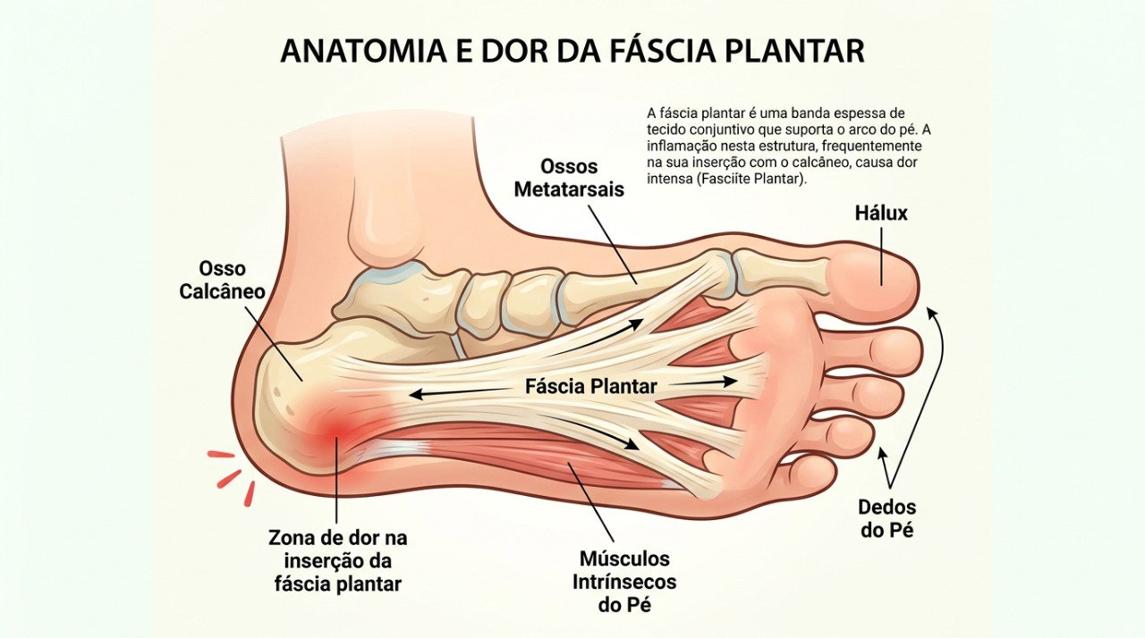 A fascite plantar pode causar dor intensa no calcanhar ao voltar a apoiar o pé após o repouso.