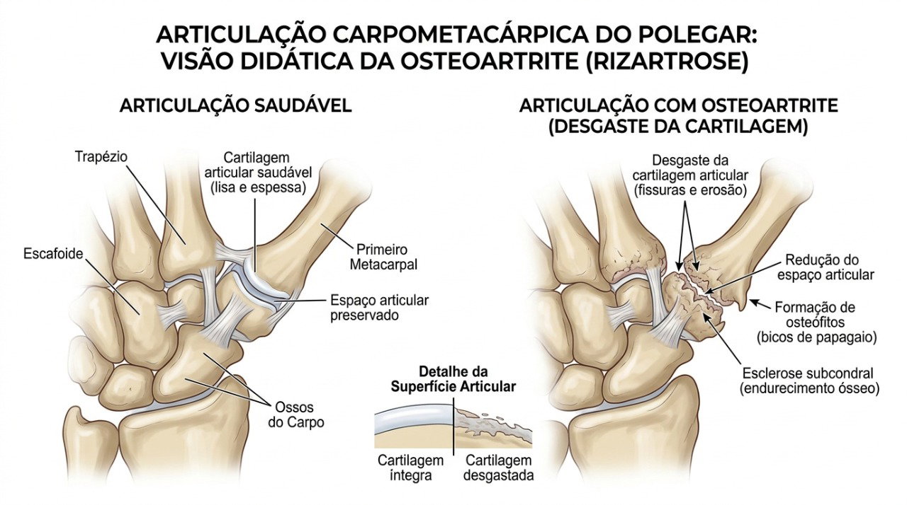 O desgaste da articulação na base do polegar pode causar dor, rigidez e perda de força na mão.